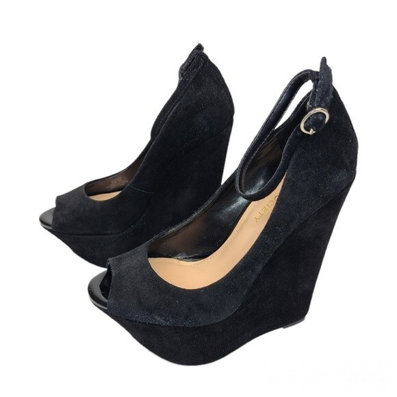 Sole Society Louisa Black Suede Wedges 6 - Picture 1 of 11